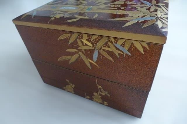 金箔装飾 竹模様 漆器 2段 重箱 木製漆器 時代物 螺鈿 松竹梅 高価な逸品