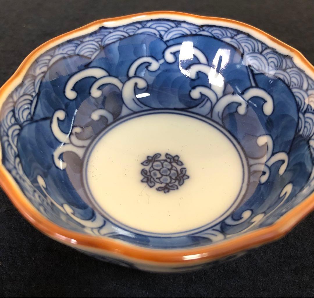 《レ》源右衛門作 染付四海波 輪花 猪口5客 酒器 共箱　251127お1