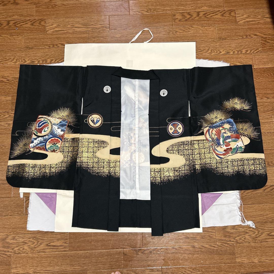 七五三 5歳 男の子 着物・袴セット 黒 かっこいい 富士山 兜 袴 七五三