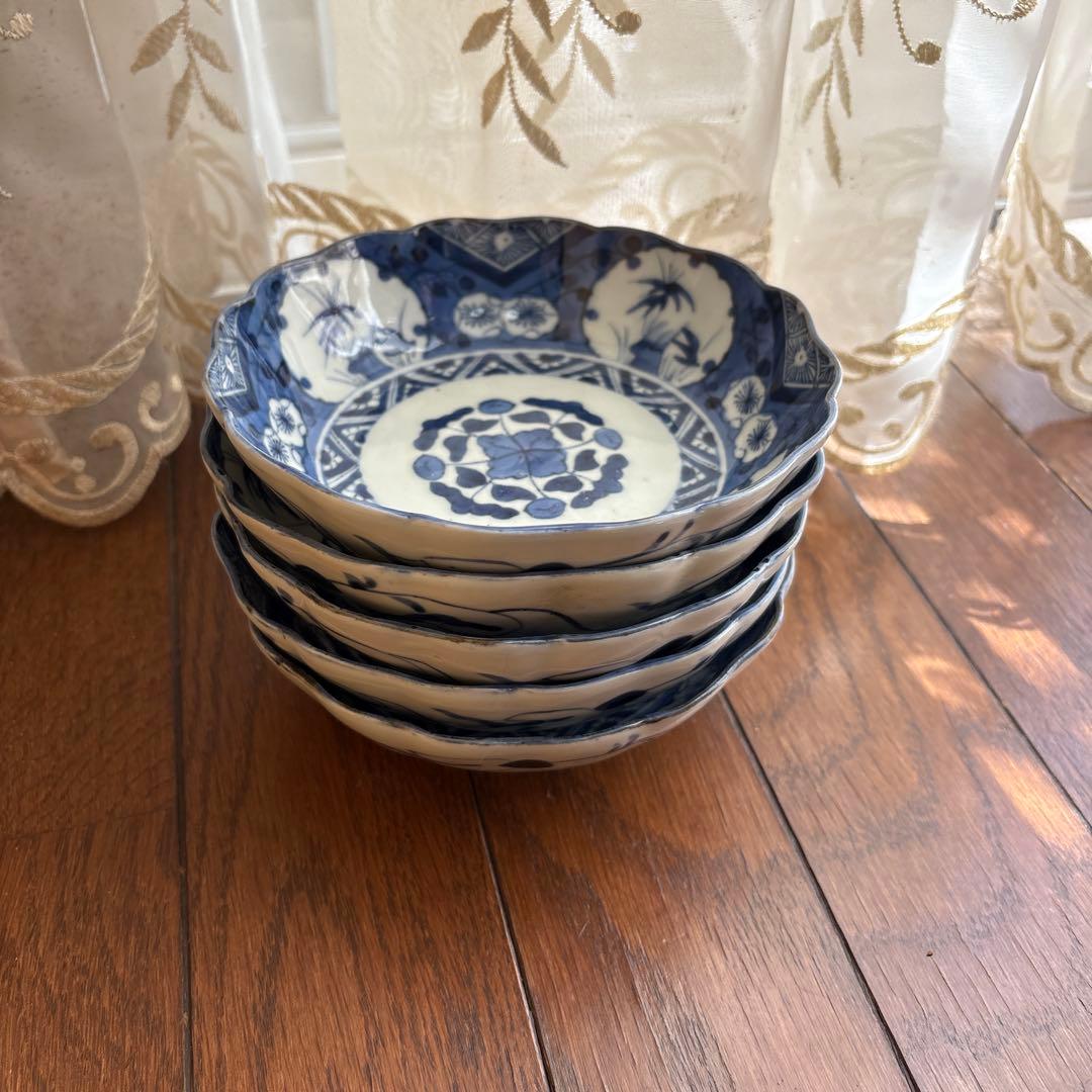 期間限定最終処分特価逸品古伊万里染付なます皿五枚吉祥柄大きめ