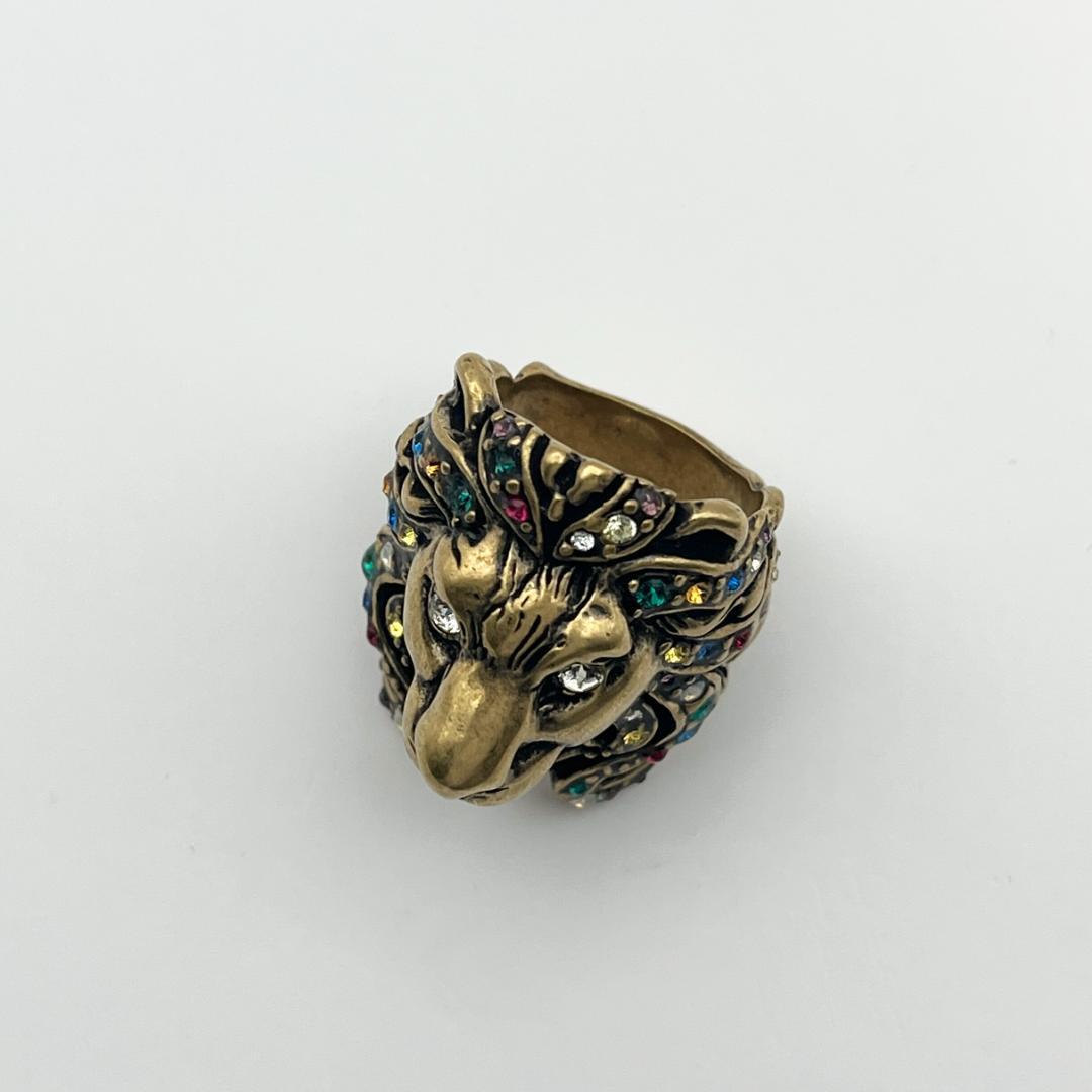 亀様 グッチ ライオンヘッド マルチカラー ラインストーン GP リング 指輪