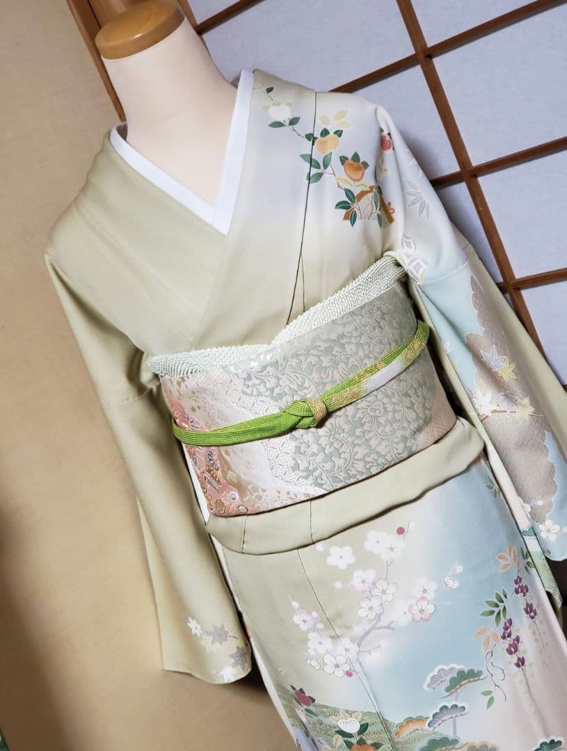 逸品SALE☆【着物帯セット＊】鶸色の古典柄訪問着 トールサイズ 裄