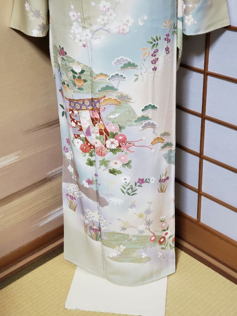 逸品SALE☆【着物帯セット＊】鶸色の古典柄訪問着 トールサイズ 裄