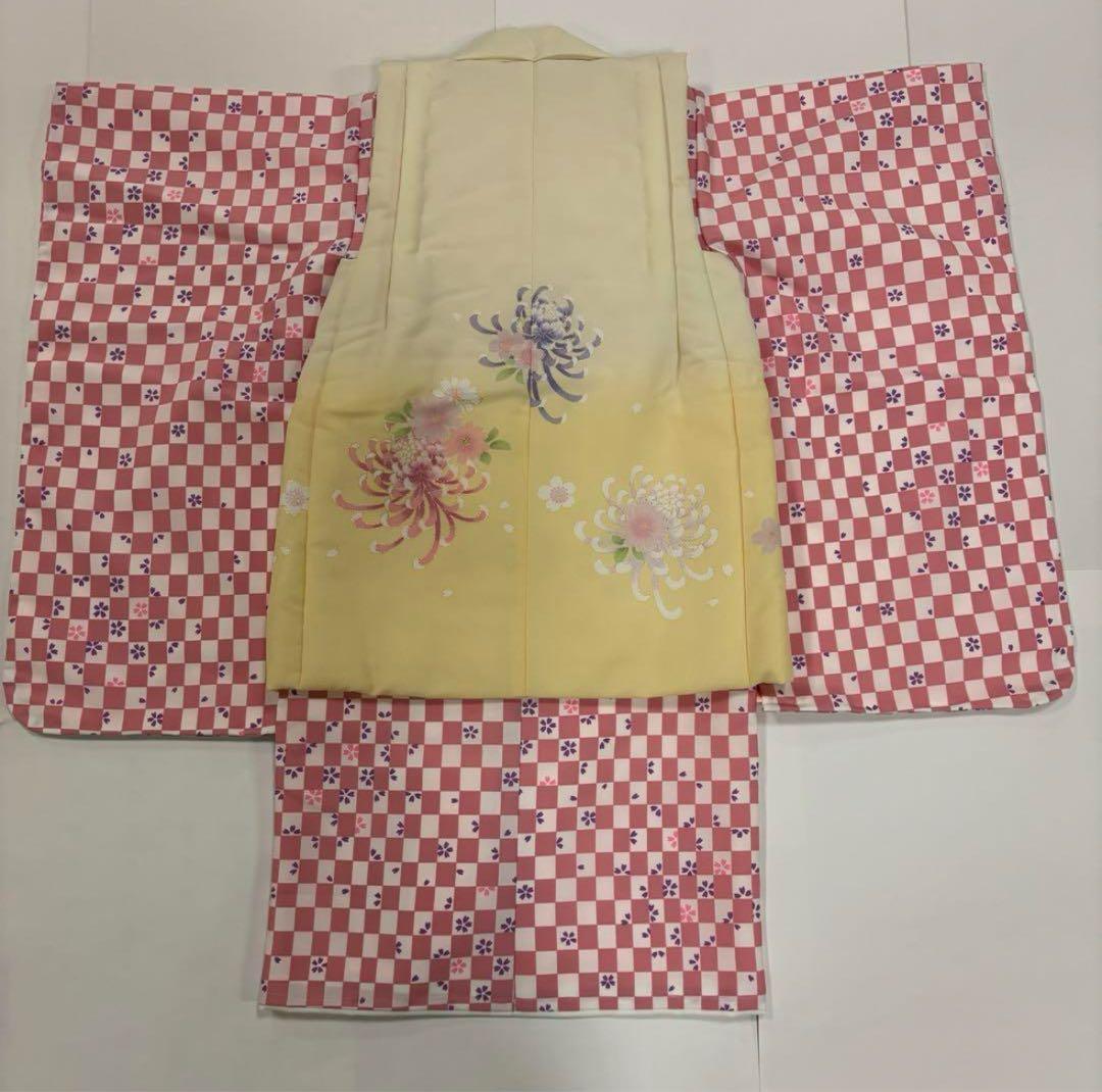 七五三　3歳女の子　着物セット　ピンク市松　紫桜　オフ白　乱菊　クリーム色　新品