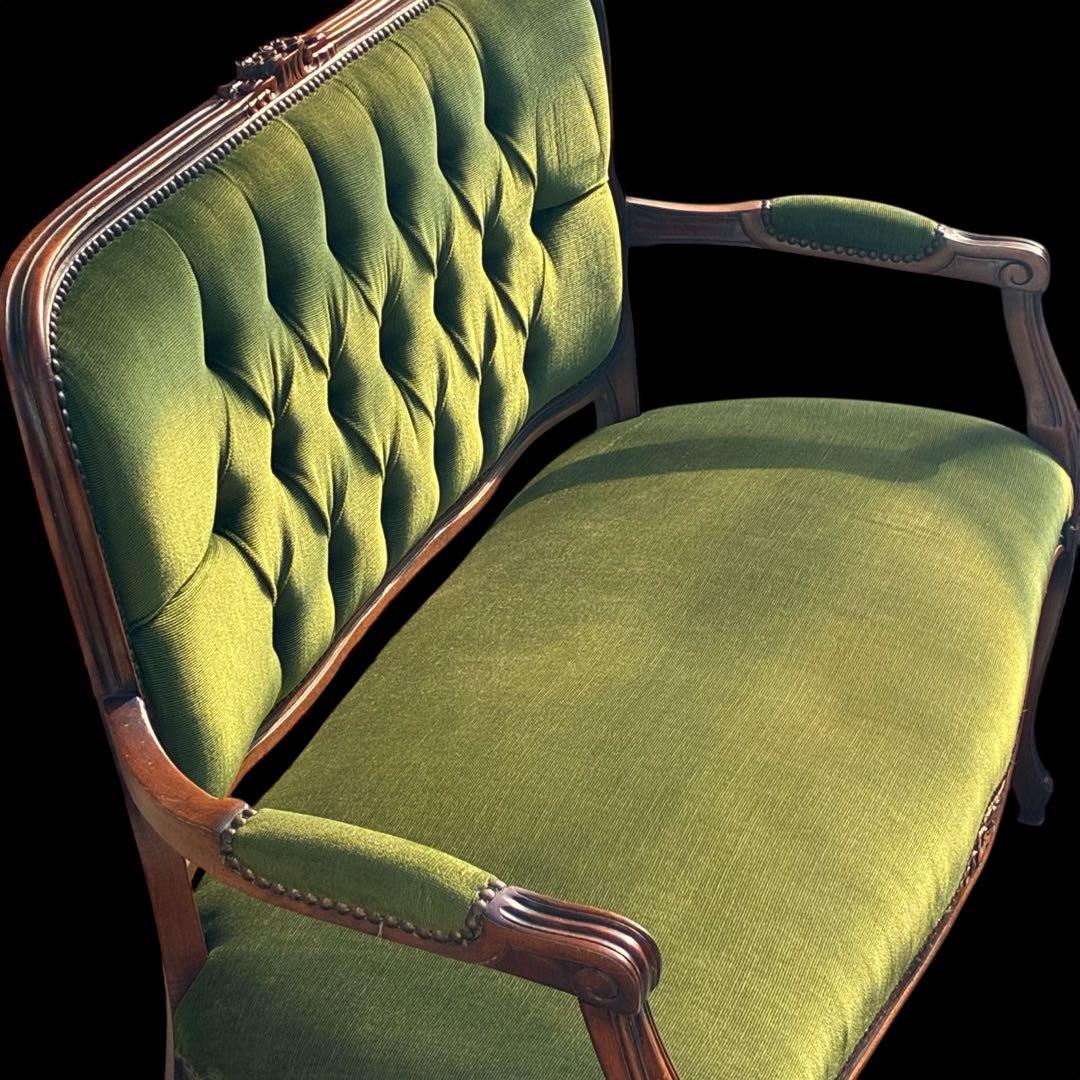 美品】猫足 アンティークソファ マホガニー サロンチェア グリーン