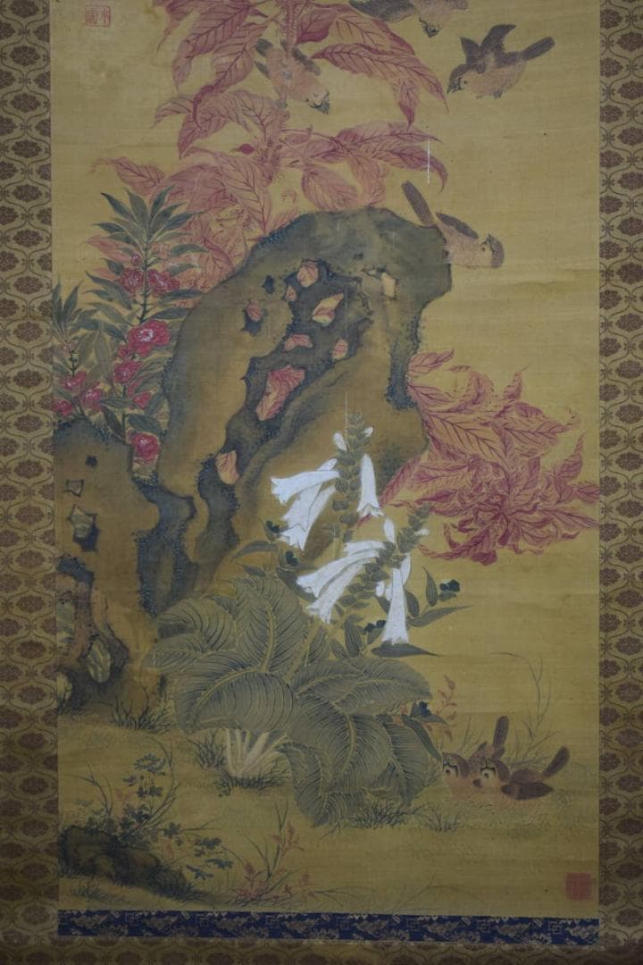 模写/田能村直入/小虎/鶏頭に群雀図/ケイトウ/布袋屋掛軸HE-621