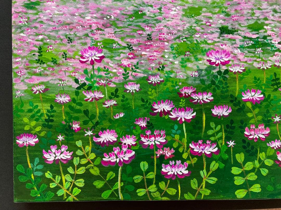 ご依頼品　風景画　花の絵　アクリル画　原画 「れんげ畑2」F8