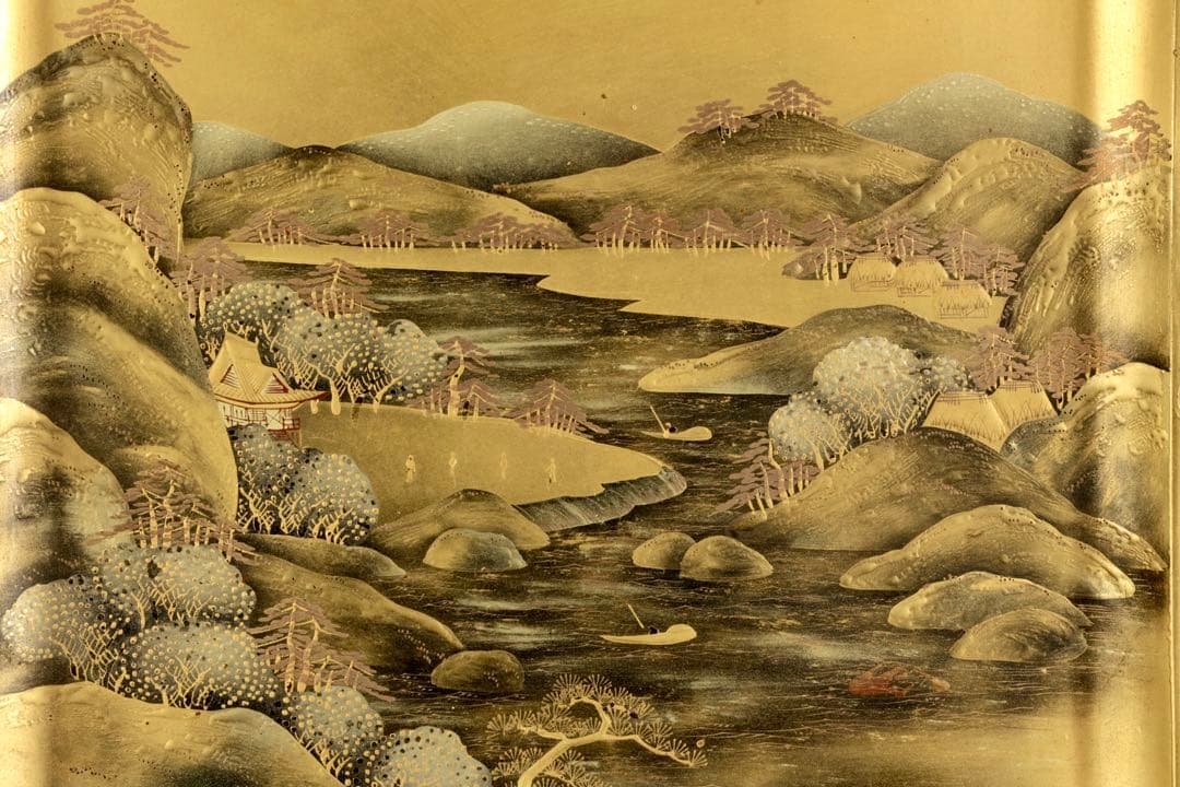 光月銘 蒔絵 山水図 四方盆 金地 風景 蒔絵盆 漆芸 盆 古美術品 骨董品