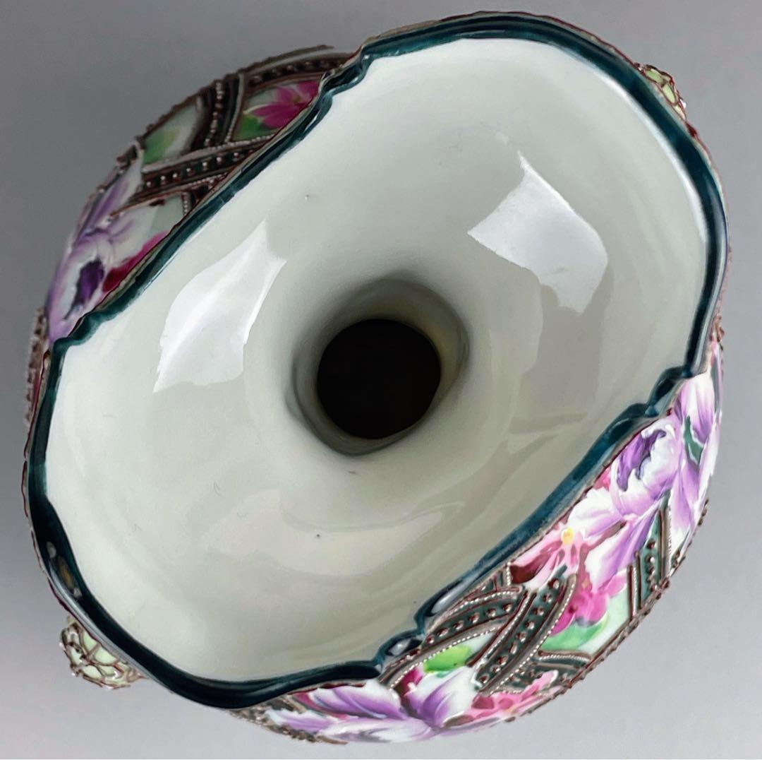 【美品】オールドニッポン ２２．２cm 花紋 一陳盛り花瓶 アールヌーボー様式