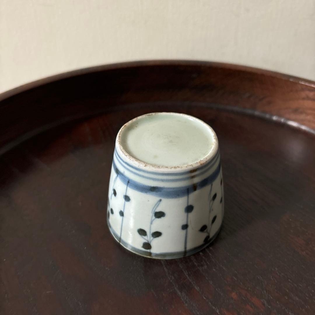 古伊万里染付　格子縞　蔓草文　⑤蕎麦猪口　江戸初期前期　アンティーク　白磁　李朝