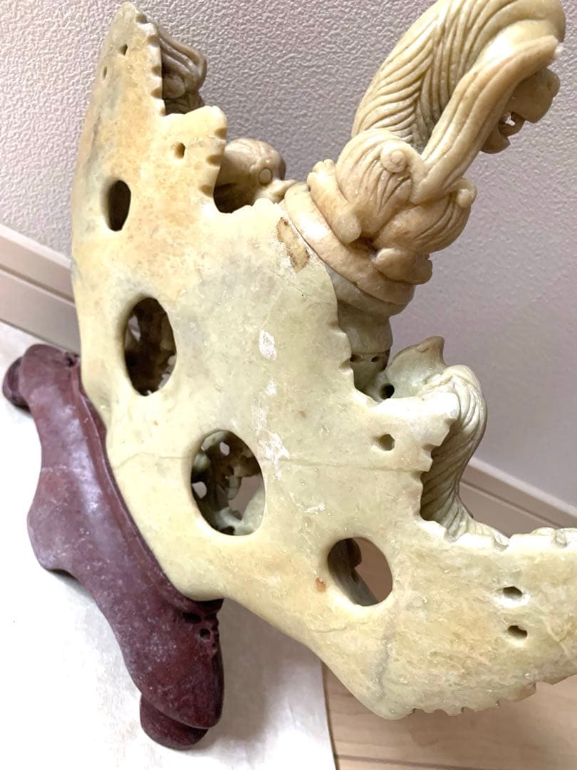 中国』天然石 青田石 骨董彫刻アンティーク 獅子鈕蓋爐 超大香炉 置物(5)