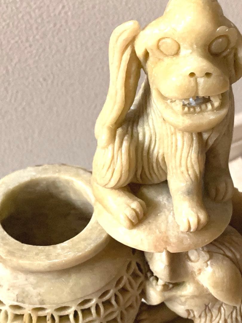 中国』天然石 青田石 骨董彫刻アンティーク 獅子鈕蓋爐 超大香炉 置物(5)