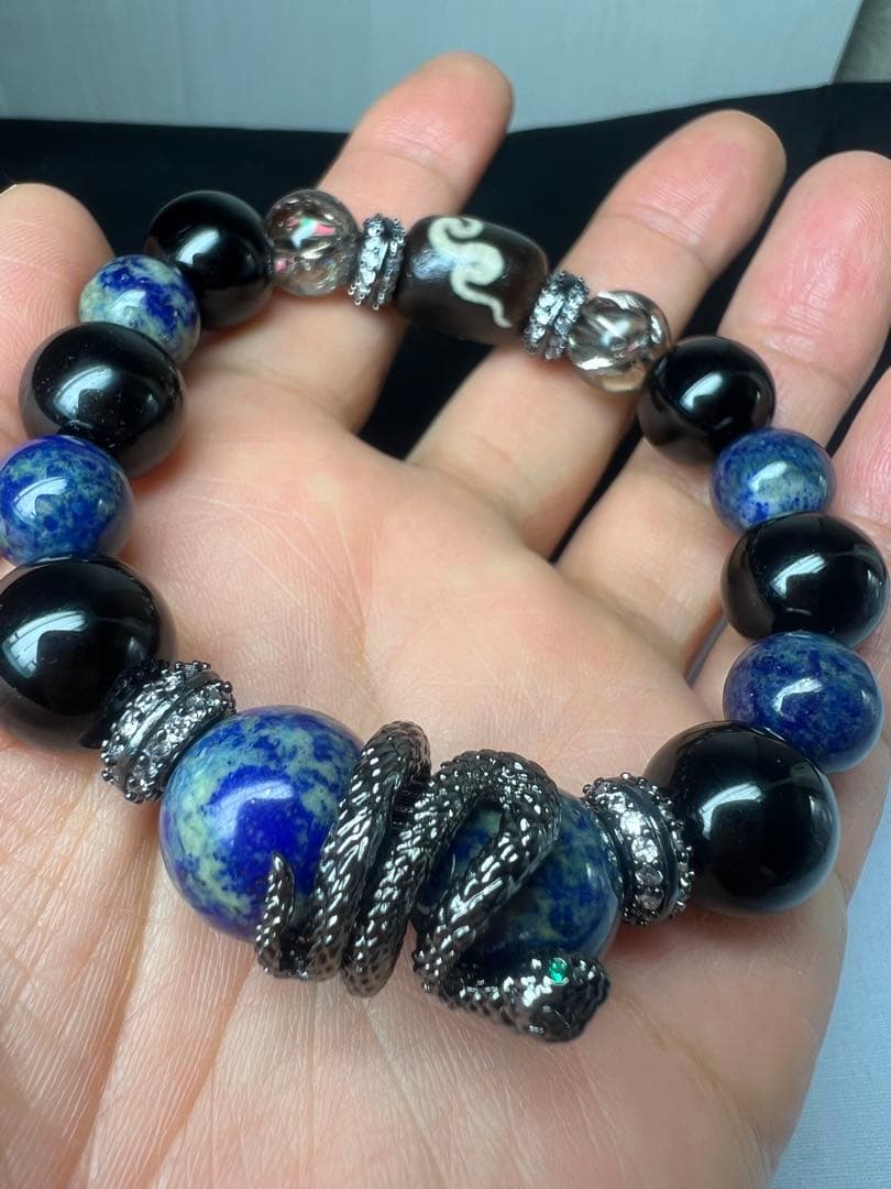 蛇パーツ&天珠で開運と鉄壁の守り⭐︎魔除け厄除け運気UPラピス&モリオン&スモーキ