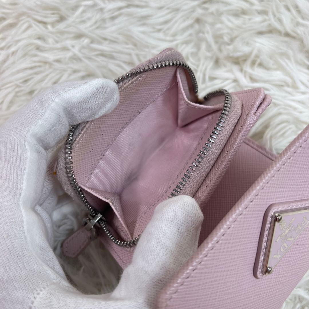 極美品✨PRADA 三つ折り 三角ロゴ サフィアーノ レザー ピンク 財布
