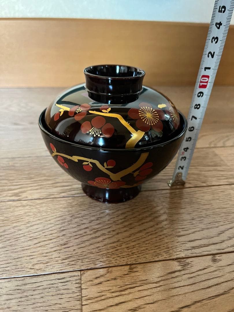 会津塗　本漆仕上　御吸物椀　乙造作　紅梅　黒　新品未使用　共箱付