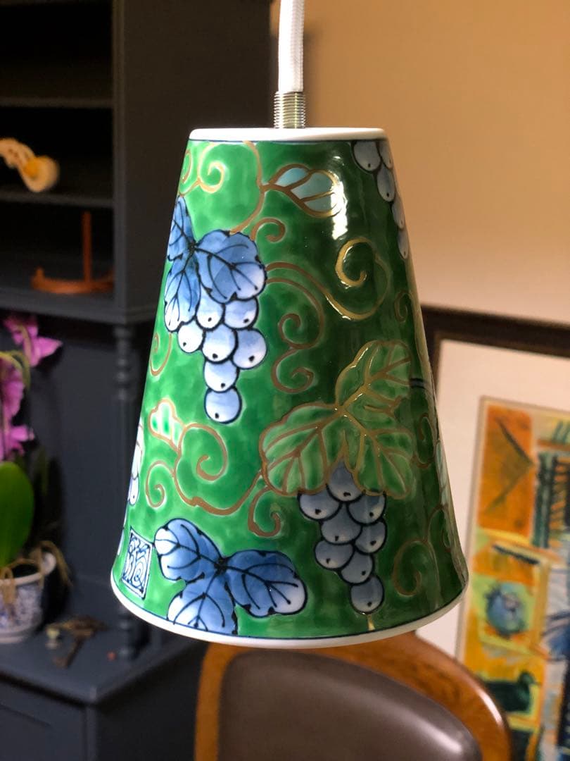 《 有田浪漫グラス × 福泉窯 》染錦ぶどう ペンダントライト LED電球付き