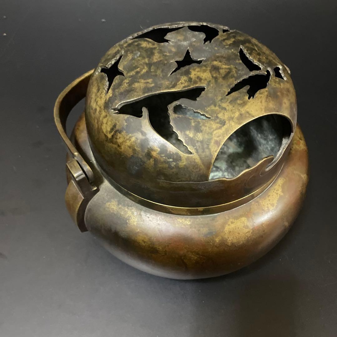 特大　 斑紫銅　鳥透かし香炉　火鉢10