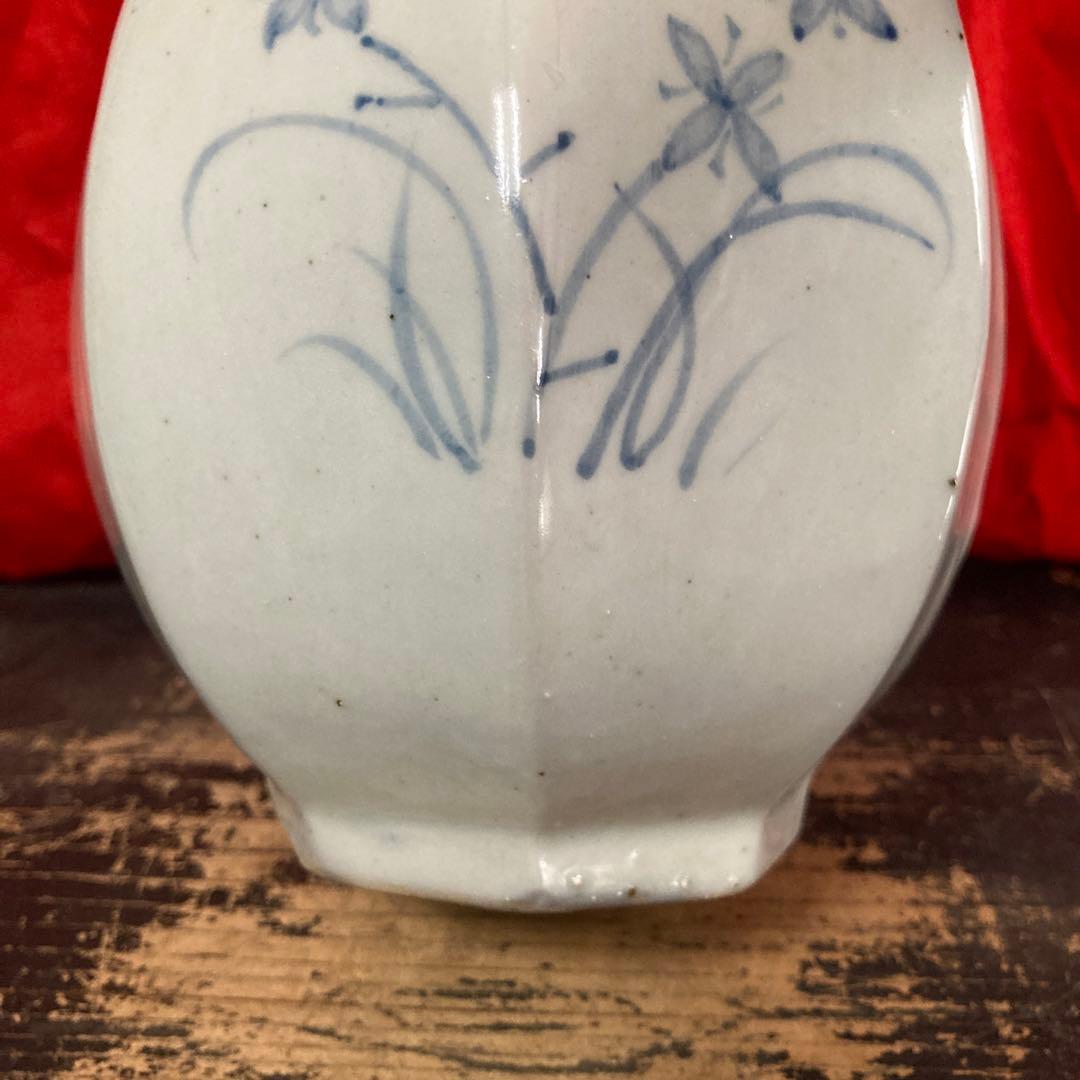 李朝 染付 面取瓶 徳利 秋草文