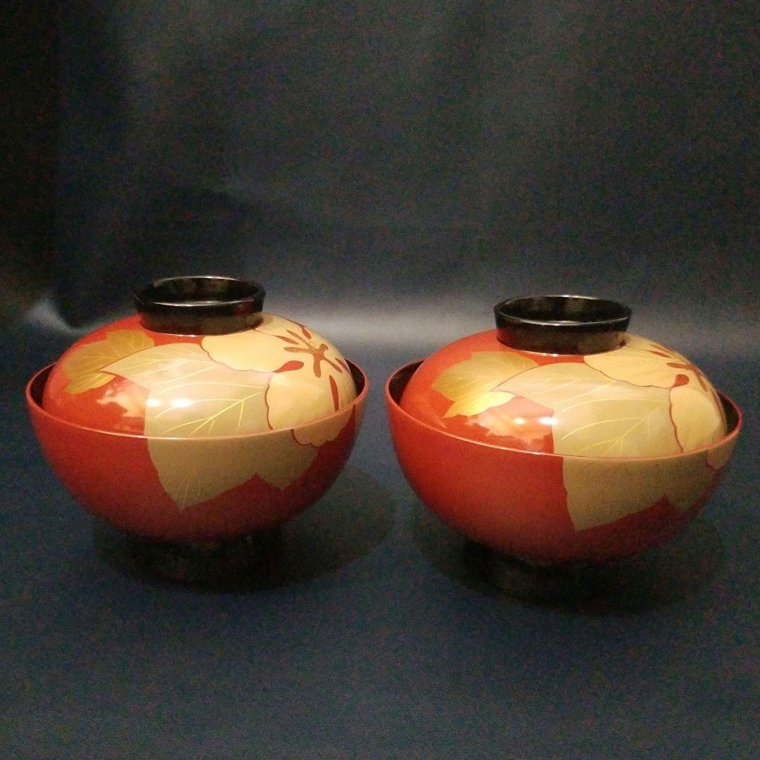 能登輪島塗 朱漆内黒 芙蓉花蒔絵のお椀 5客