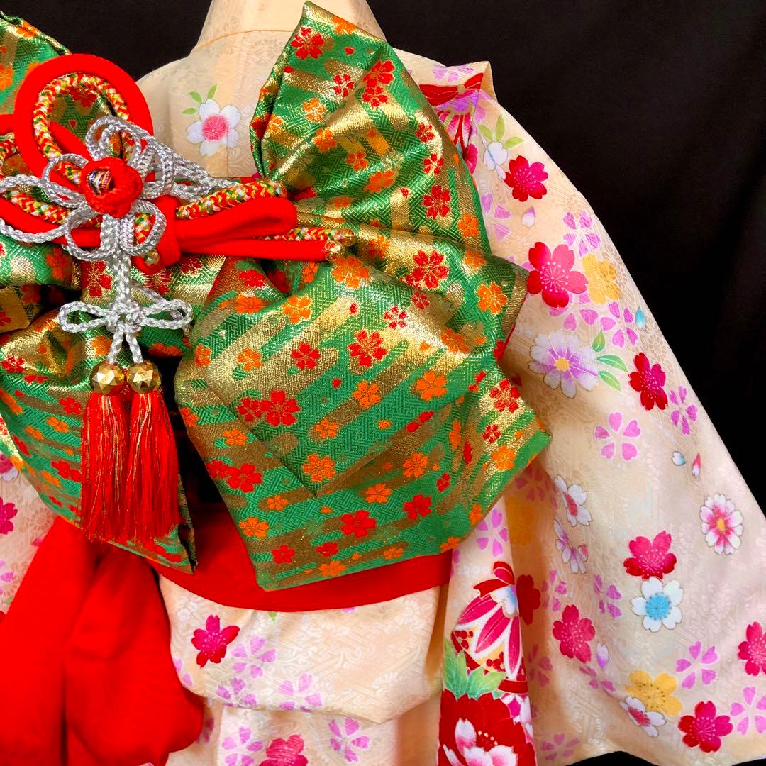 【正絹】 七五三　7歳　絵羽　桜　刺繍　着物　四つ身　作り帯　セット　女の子
