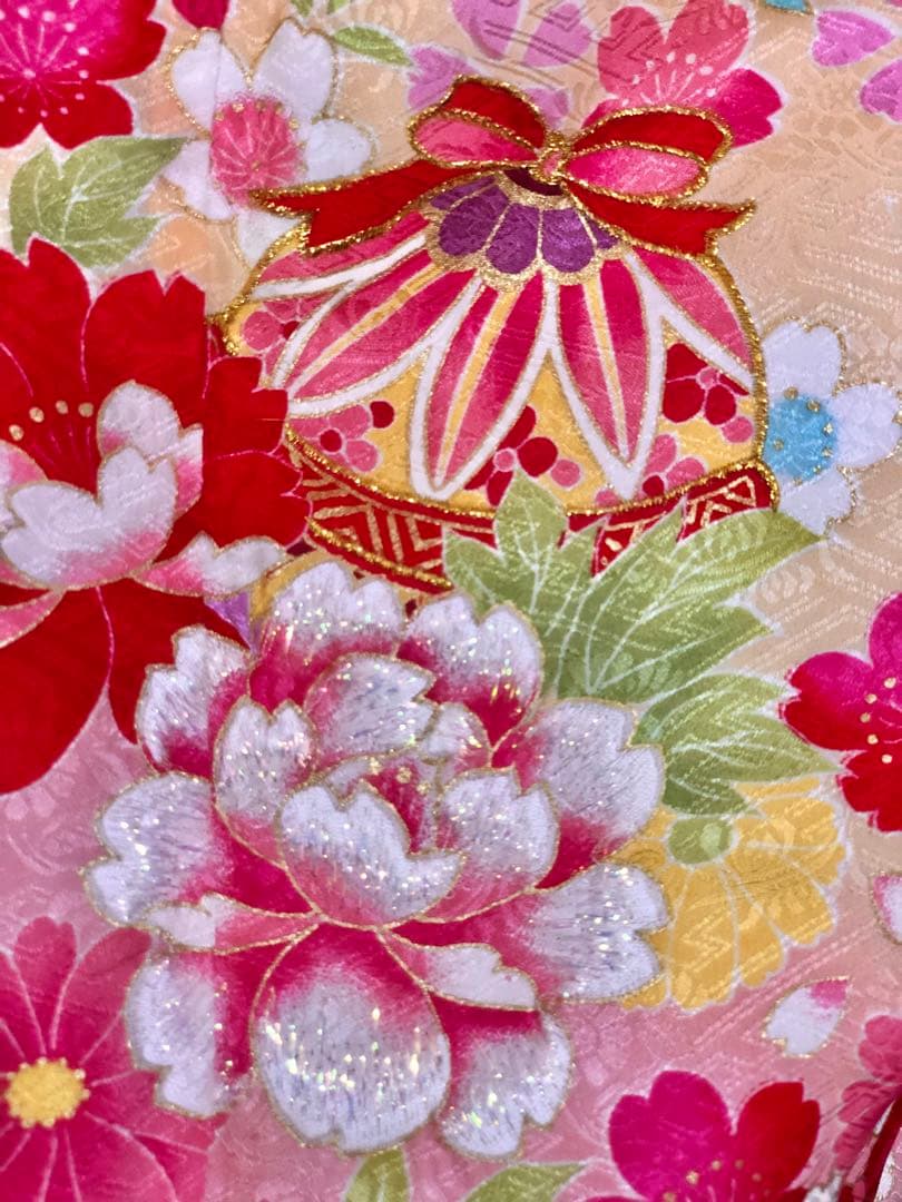 【正絹】 七五三　7歳　絵羽　桜　刺繍　着物　四つ身　作り帯　セット　女の子