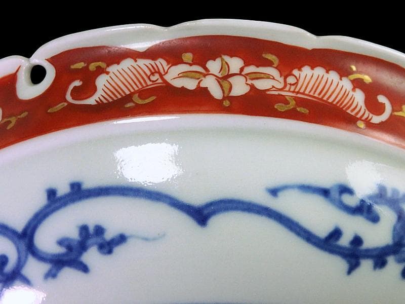 大聖寺伊万里 染錦 獅子に葉唐草の図 雪輪膾皿 165AS-CTj