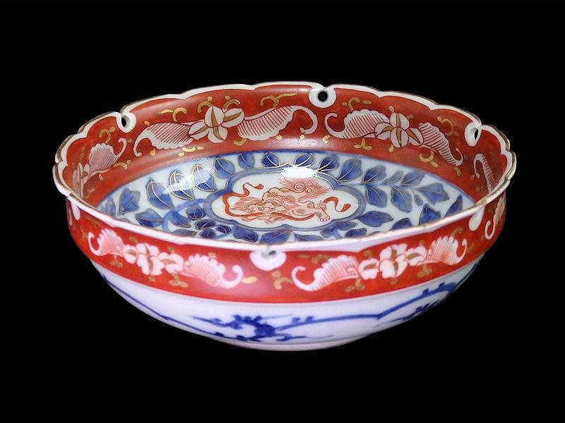 大聖寺伊万里 染錦 獅子に葉唐草の図 雪輪膾皿 165AS-CTj