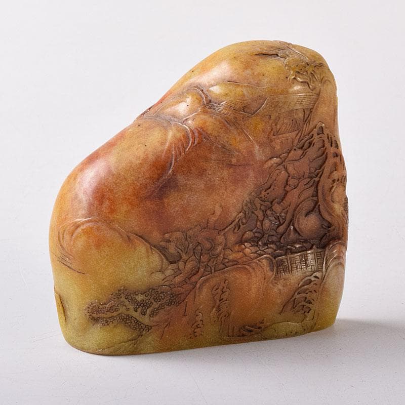 中国 篆刻 玉石田黄石彫刻 山水人物文刻 印材 M R3624