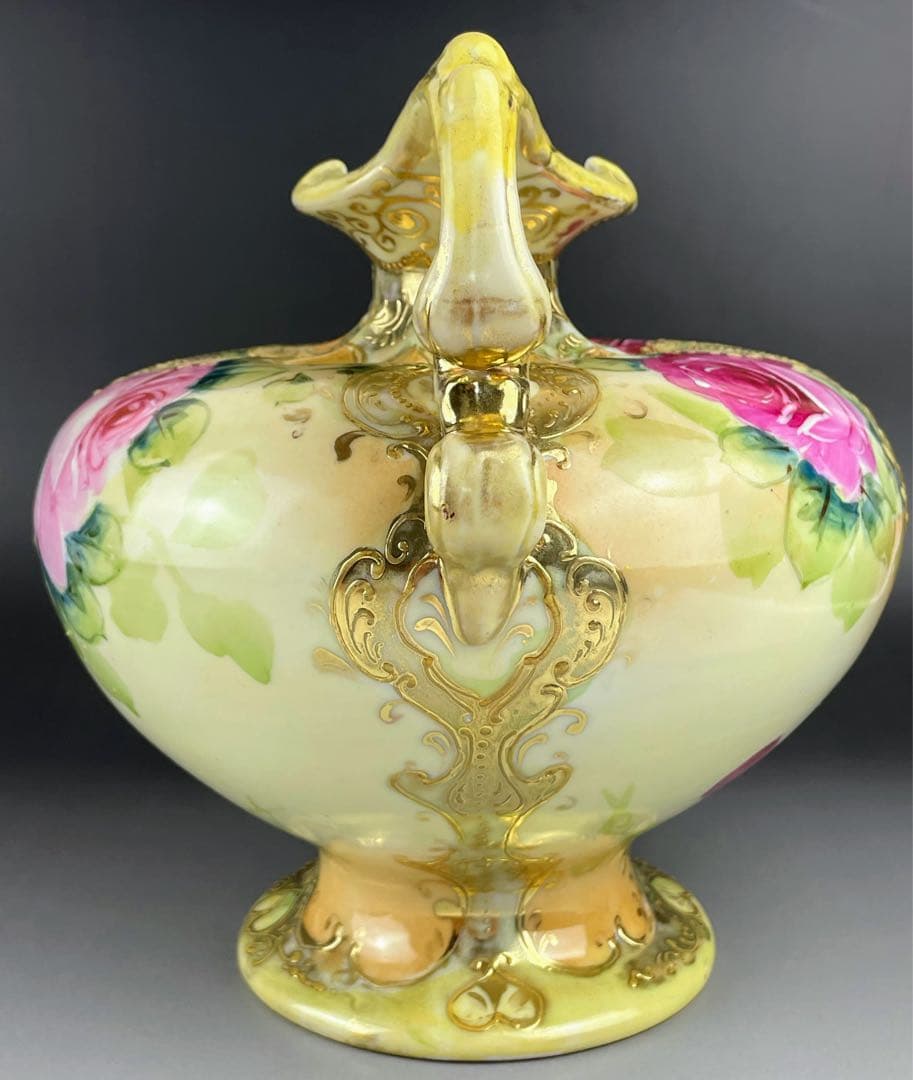 【大型】オールドニッポン 約２２cm アールヌーボー薔薇紋 花瓶 バラ