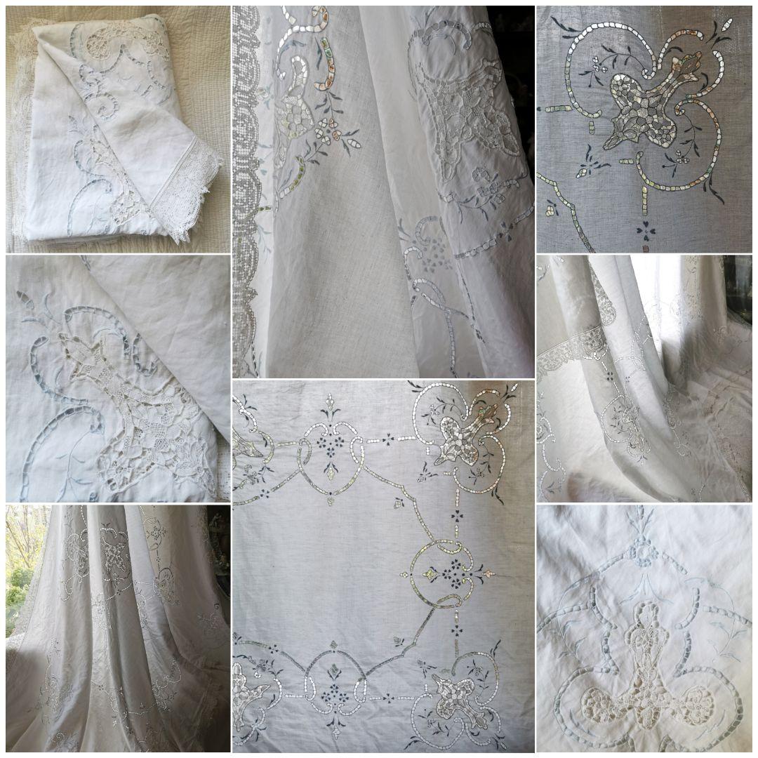 アンティーク ポワンドベニス オープンワーク水色刺繍 超大判クロス