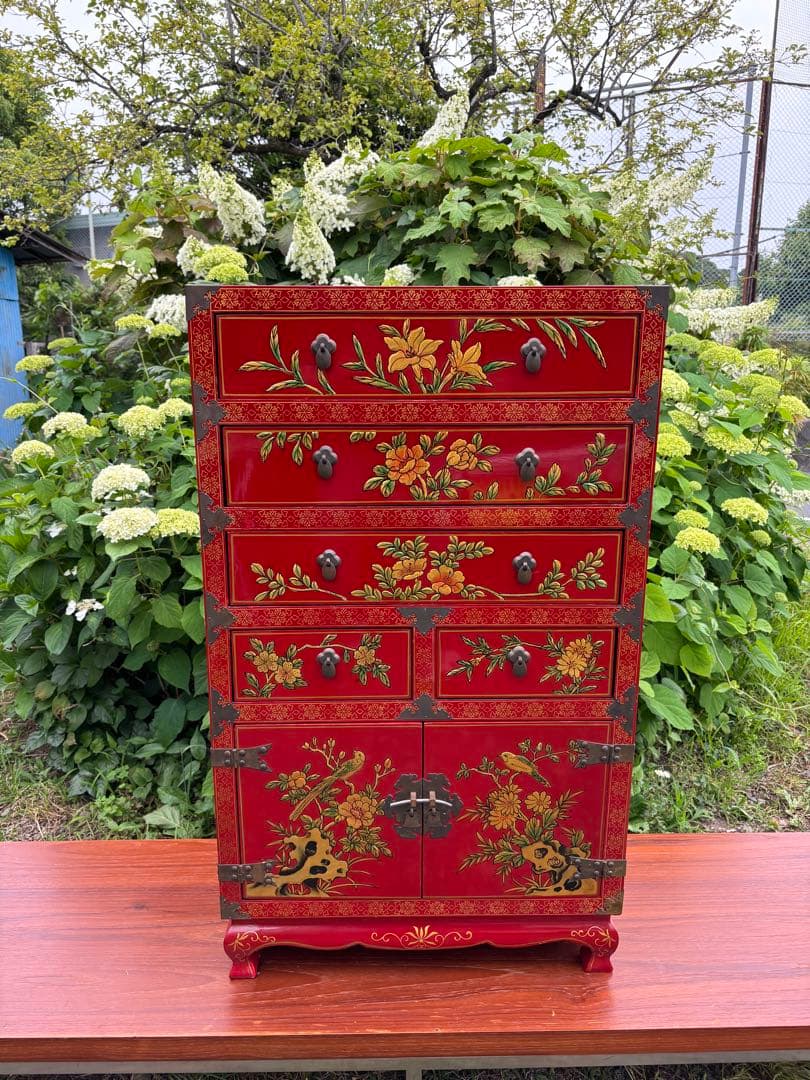 赤い花柄の木製タンス シノワズリ家具 中国民藝 漆塗り アンティーク