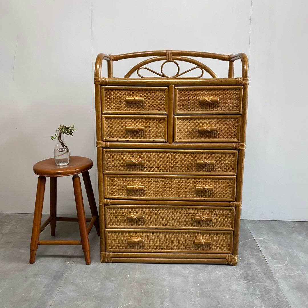 ヴィンテージ ラタン 籐 チェスト 棚 箪笥 6段 8杯 昭和レトロ 収納