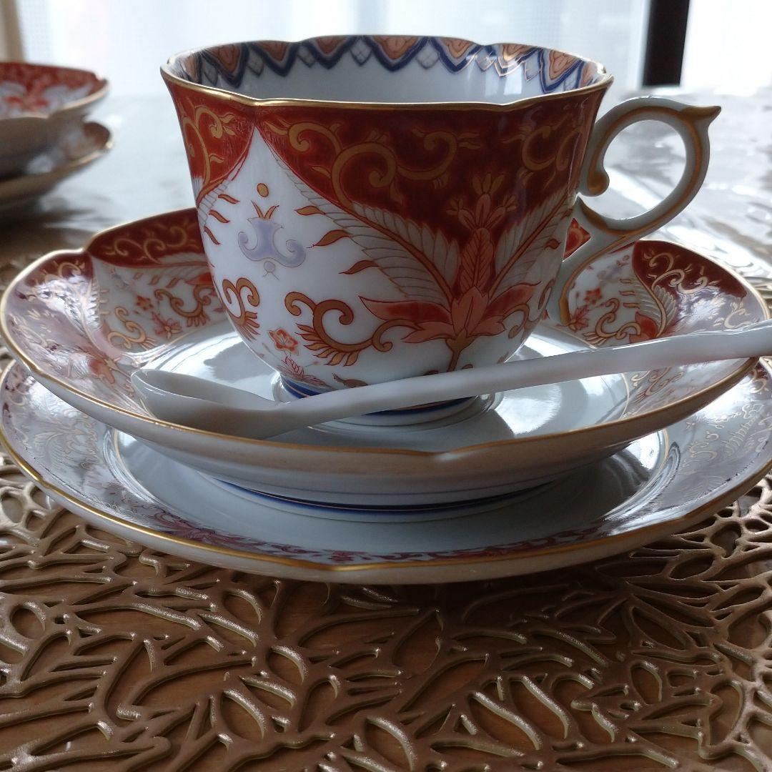 高級有田焼 其泉窯 赤濃金彩唐草 コーヒーカップ&ソーサー&プレート&