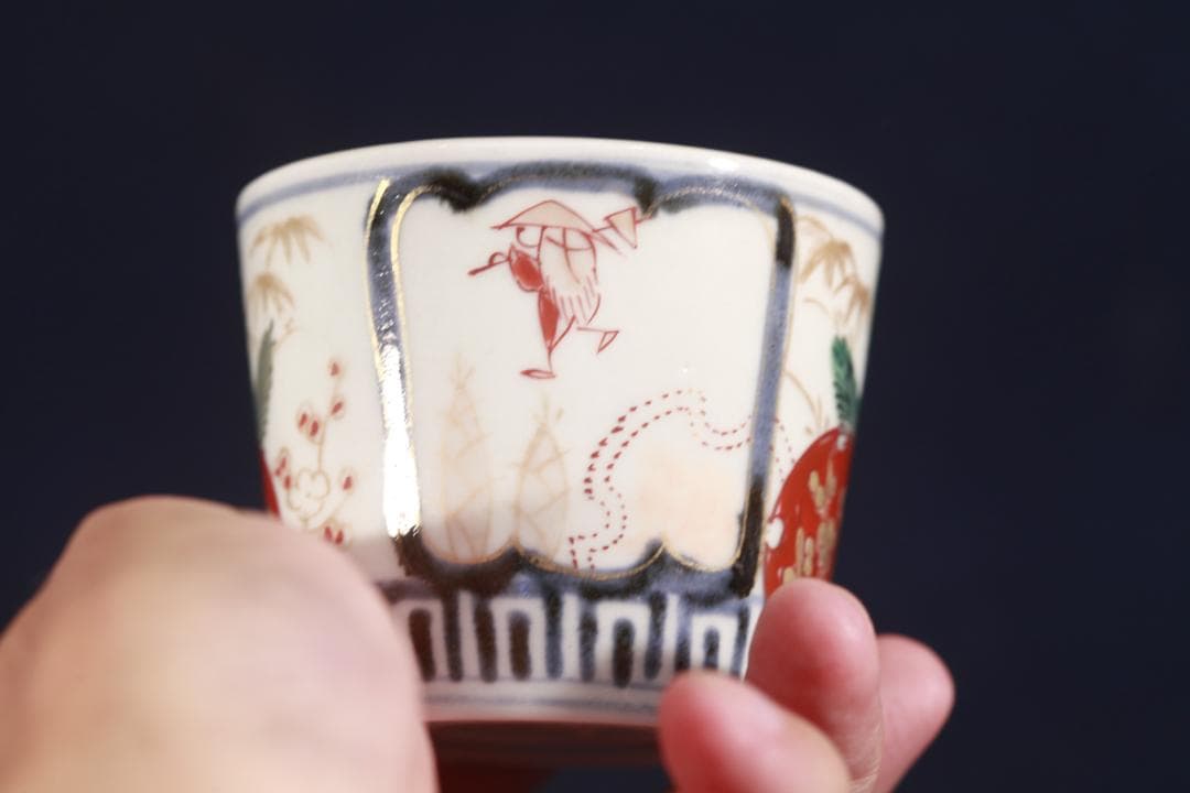 386　古伊万里色絵雪中筍興窓絵松竹梅図蕎麦猪口　無疵美品　江戸中期