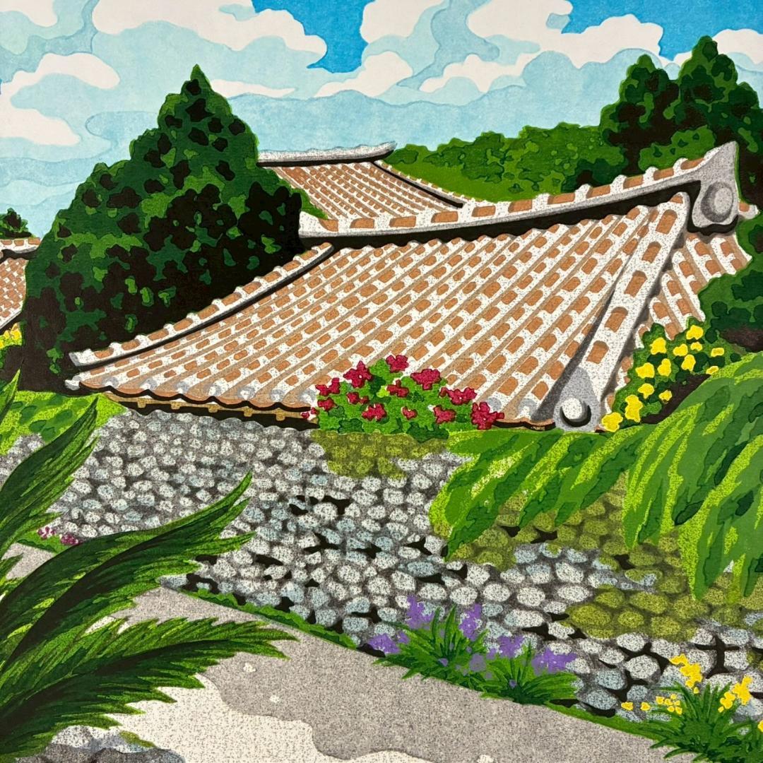 井堂雅夫「神々の住む島」木版画 直筆サイン入り 1993年 額縁入り 沖縄