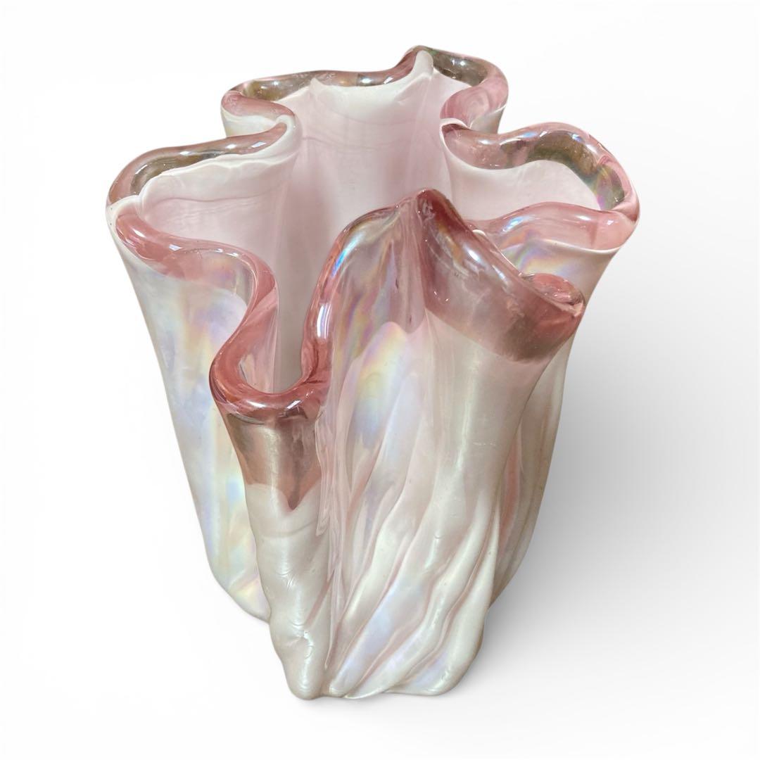 フラワーベース 花瓶 フリルエッジ ガラス オーロラ加工 ヴィンテージ