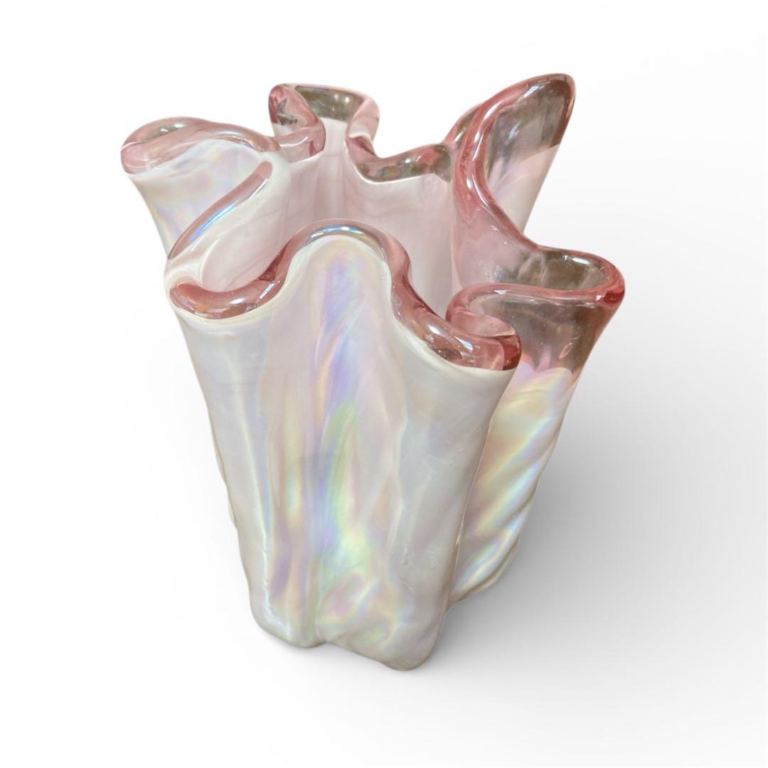 フラワーベース 花瓶 フリルエッジ ガラス オーロラ加工 ヴィンテージ