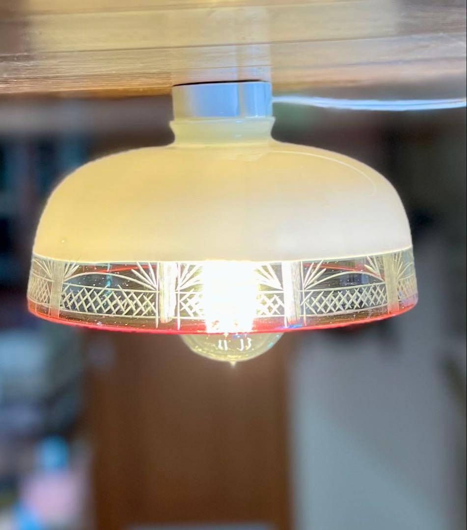 大正ロマン 切子縁赤電笠 和ガラス 灯り 照明 アンティーク 古道具