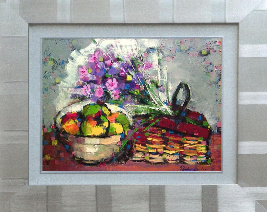 絵画 インテリア 額付(銀) 油絵 uF6-062104 静物 花束 フルーツ