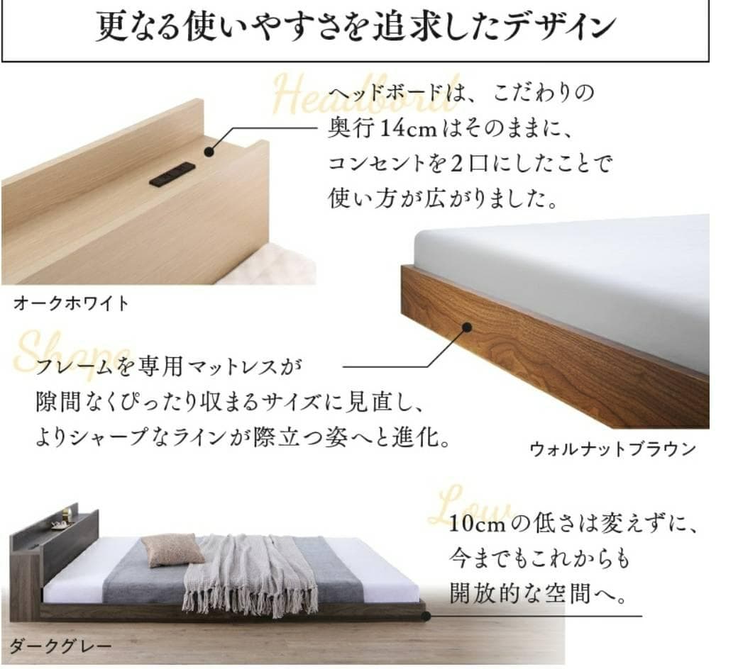 シングルサイズ・棚コンセント付きフロアベッド・シャビーグレー