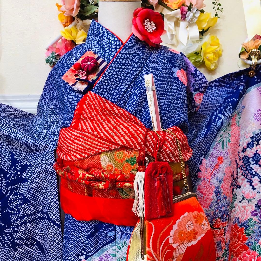 七五三7歳‼️豪華絞り柄風御所車牡丹花々金糸刺繍煌びやか全てついてる完全フルセット