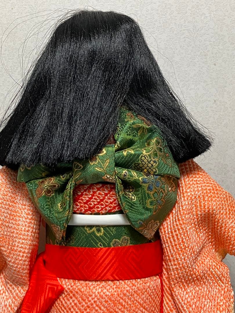 市松人形 オレンジ着物 花刺繍