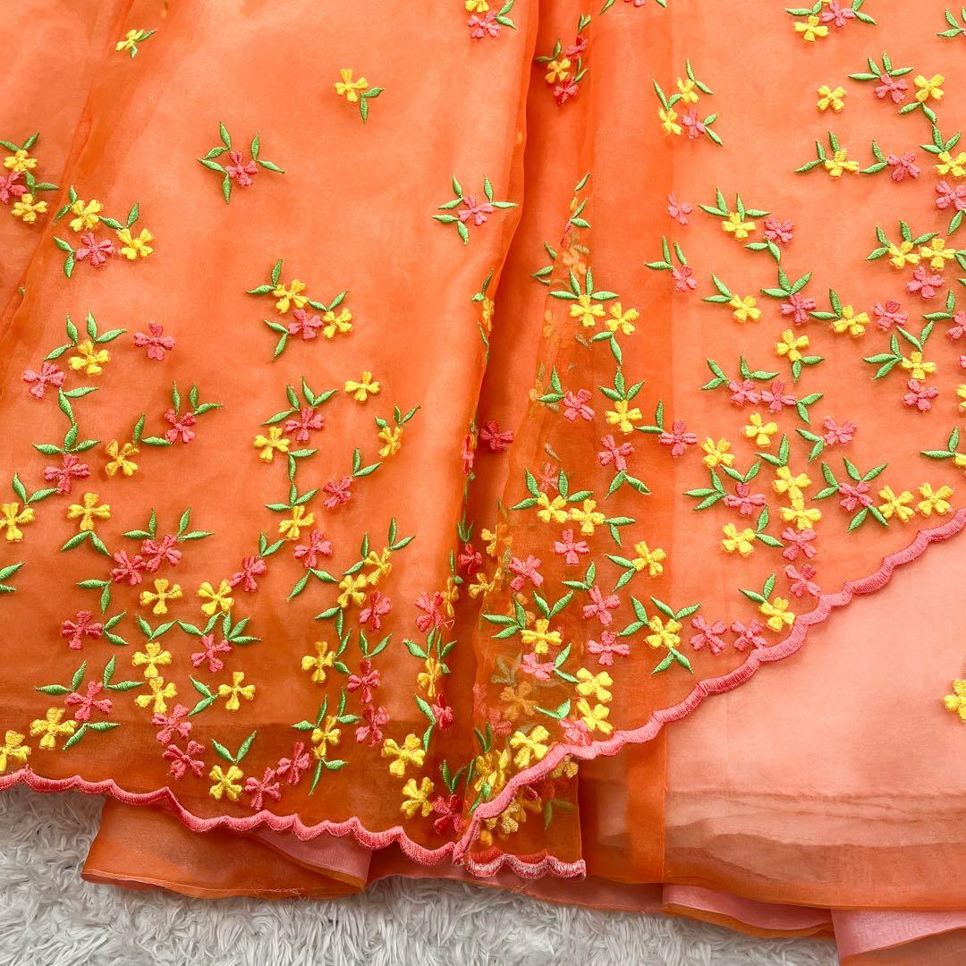 AIMER カラードレス カクテル 刺繍 花柄 フラワー　チュール オレンジ 9