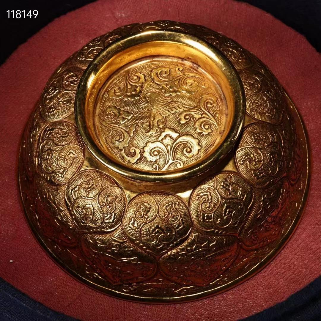 中国古美術・珍品古蔵・純銅制・高浮彫刻花鎏金碗・箱付・茶道具・置物