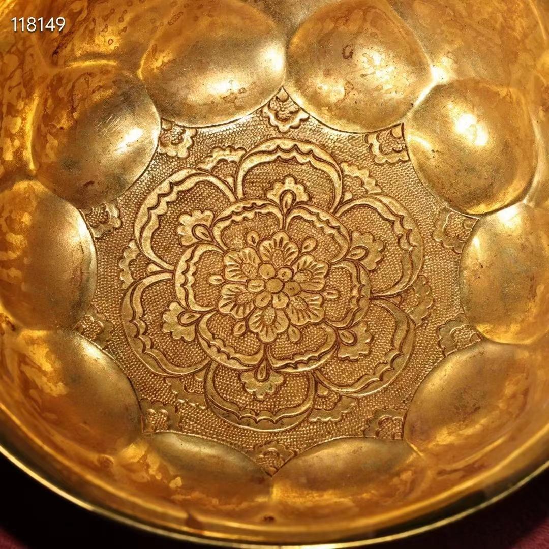 中国古美術・珍品古蔵・純銅制・高浮彫刻花鎏金碗・箱付・茶道具・置物