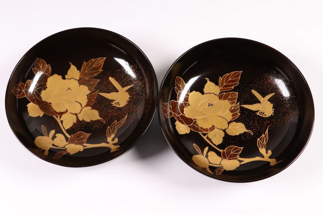 MA244 時代漆器 輪島塗 牡丹雀金蒔絵 梨地 黒塗椀 二客 木製 花鳥