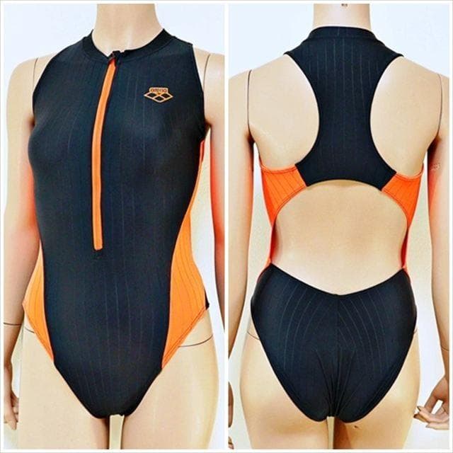 SE3-Z19☆L アリーナ 前ジップ 黒×オレンジ 競泳水着 オープンバック