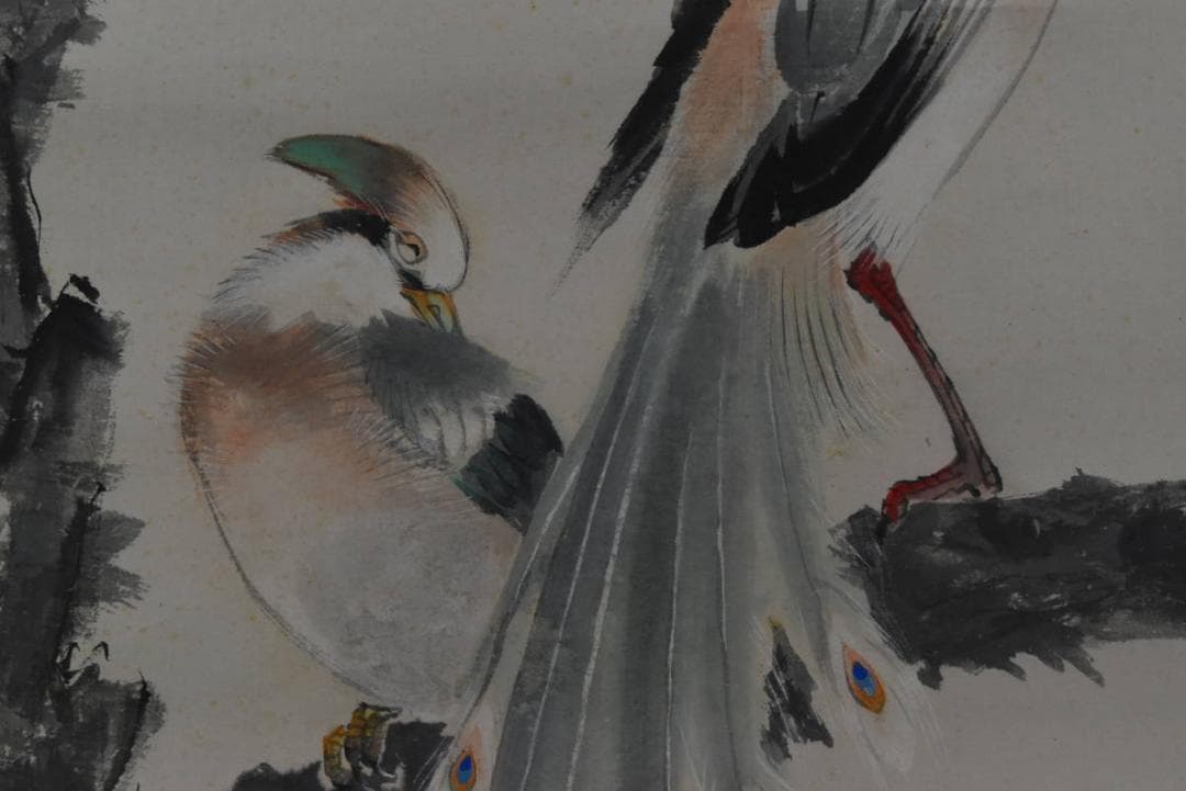 【真作】植中直斎/梅花寿帯鳥図/掛軸☆宝船☆Z-916