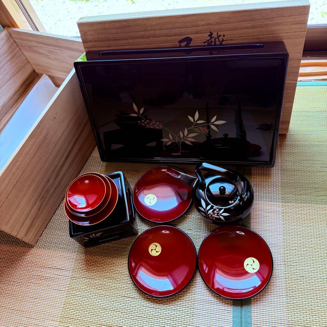 未使用　越前塗　漆器　屠蘇器　正月　天然木製　共箱　黒 銀南天