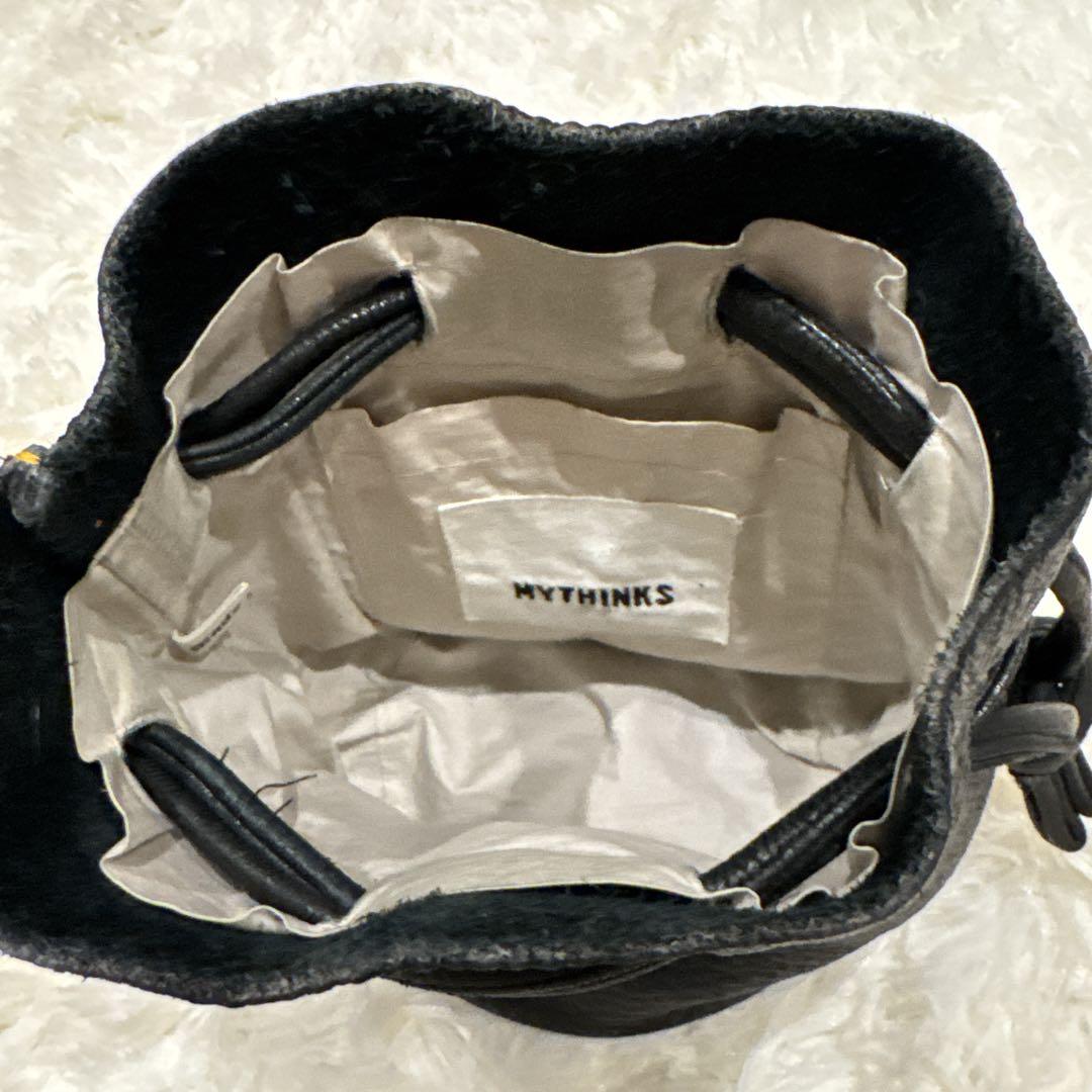 MYTHINKS レザー巾着バッグ 本革 円筒形 ドローストリング仕様 ブラック